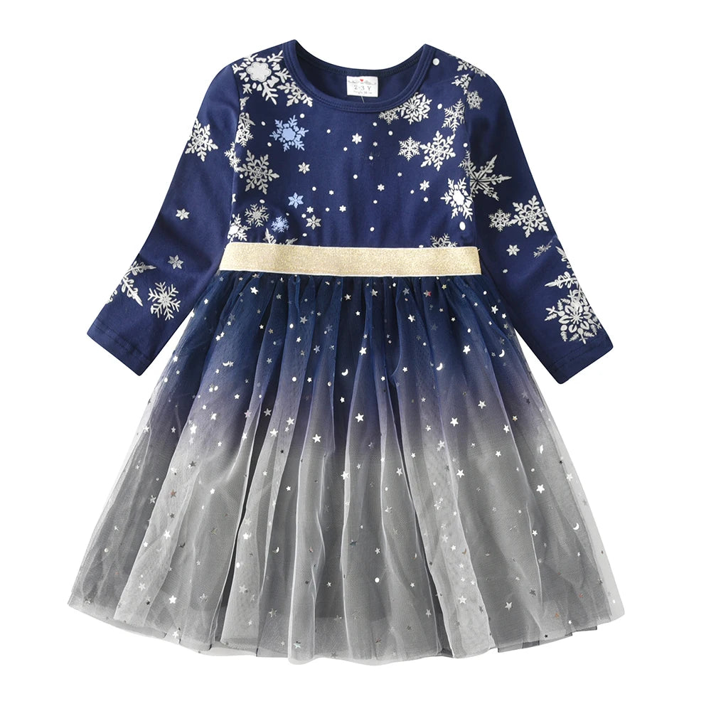 VIKITA Girls Snowflakes Print Christmas New Year Gift Dress Girls Autumn Winter Long Sleeve Gradient Princess Party Dresses