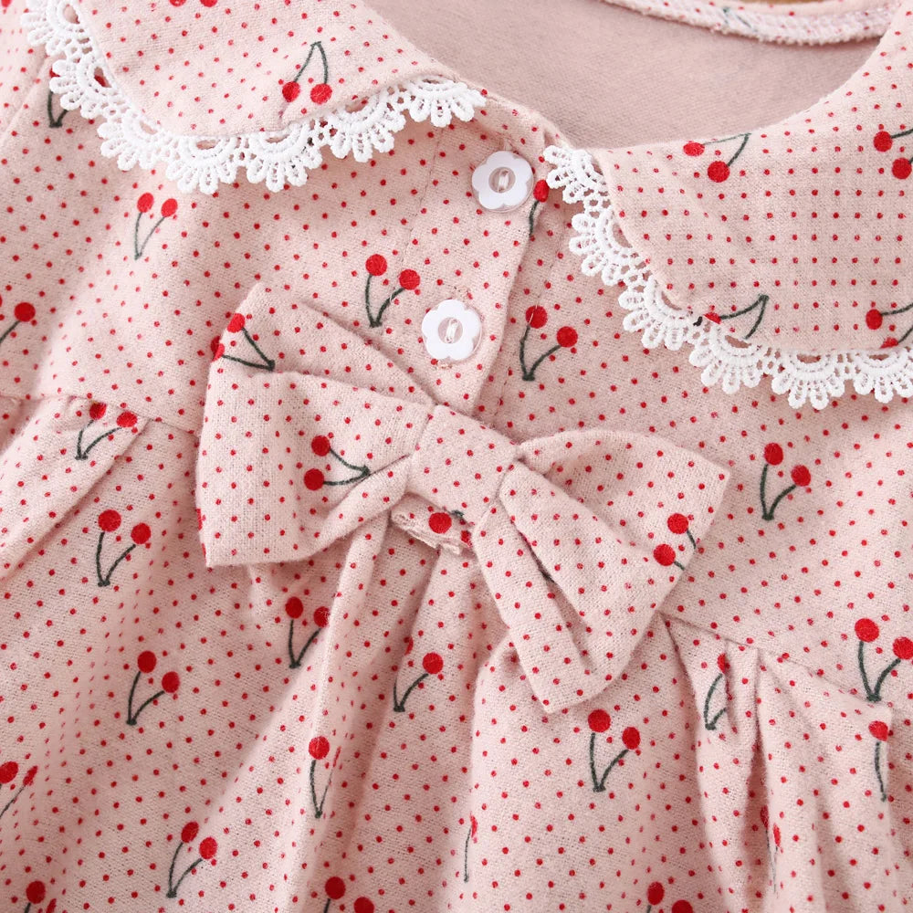0-3 Year Old Baby Girl Dress, Spring And Autumn New Sweet Bow Cherry Long Sleeved Children'S Clothing