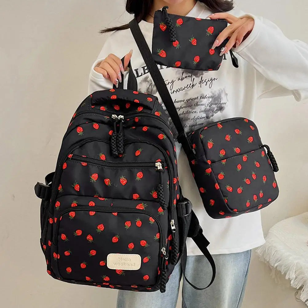 Corduroy Backpack three piece set Strawberry Print Daily Casual Backpack Niche Large Capacity Commuting Light Backpack
