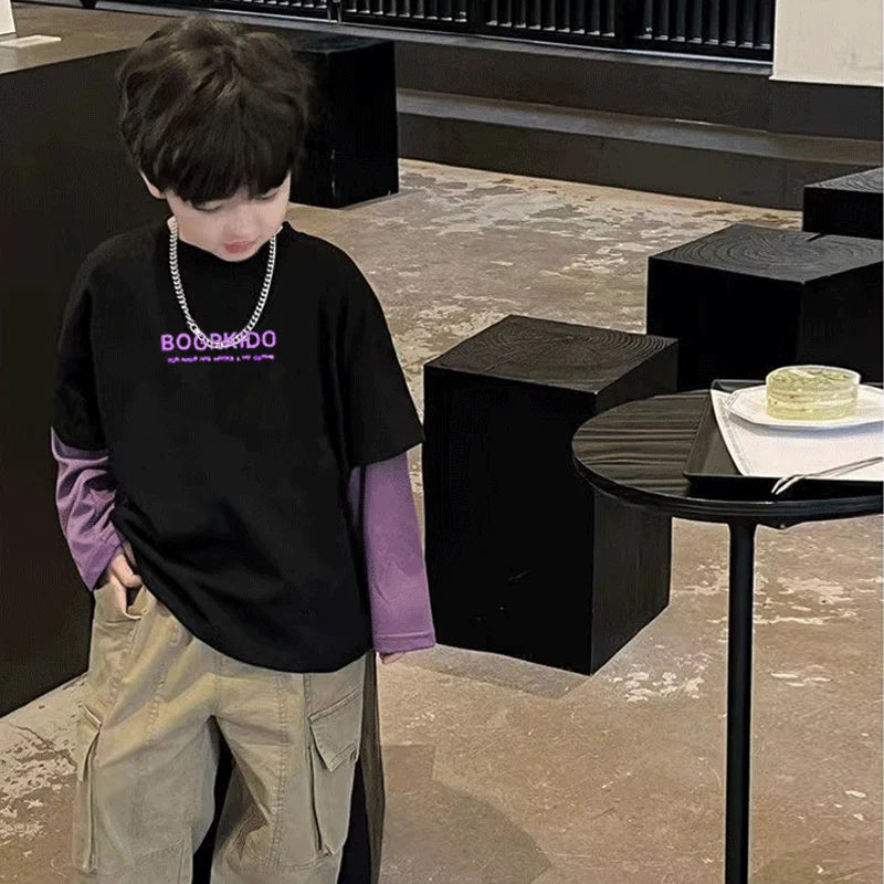 False Two Piece Spring and Autumn Children's Clothing From 8 To 12 Years Boy Child T Shirt Kids Clothes Boys 7 Year Old Wear 10