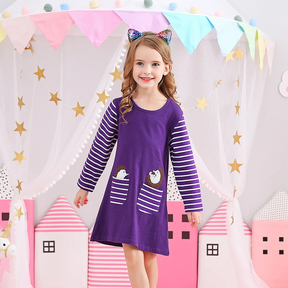 VIKITA Children Cartoon Dress Girls Cotton Casual Daily Autumn Spring Dress with Pockets Kids Straight Dresses Kids Clothes