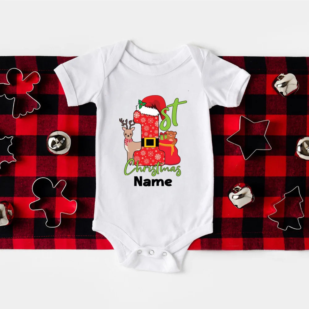 Personalize My 1st Christmas Romper Newborn Bodysuits Xmas Party Gift Boys Girls Short Sleeve Jumpsuit Holiday Xmas Clothes