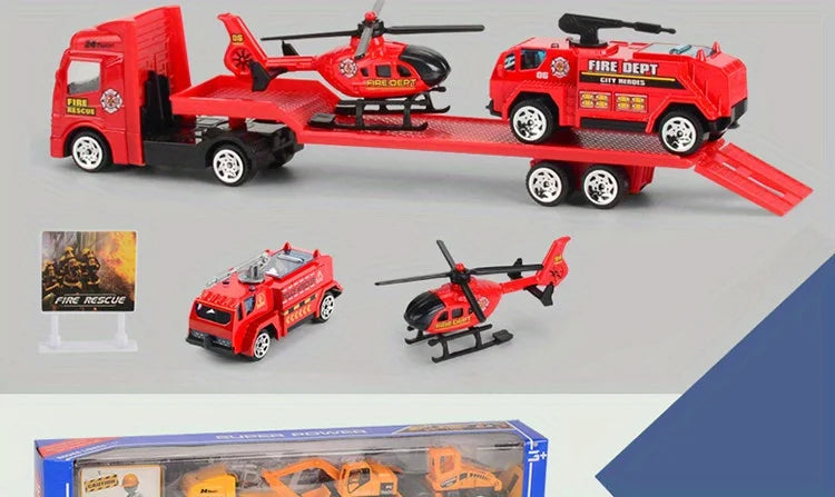 Play Vehicles Set Toy Construction Police Car Fire Engine Truck Playset Friction Powered Engineering Toy for Boys Girls Toddlers