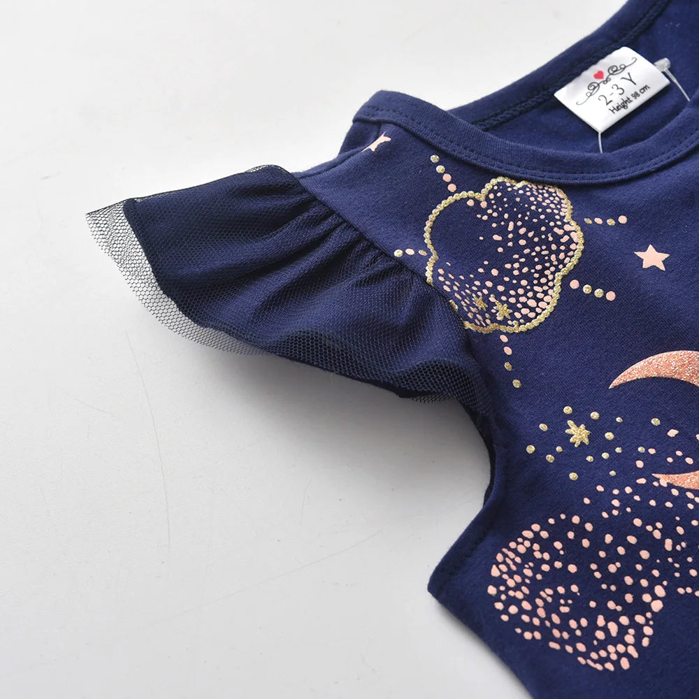 VIKITA Toddlers Girls Tops Tees Kids Glittery Stars Unicorn Starry Sequins Appliqued Fashion Navy Blue Cotton Casual T Shirt