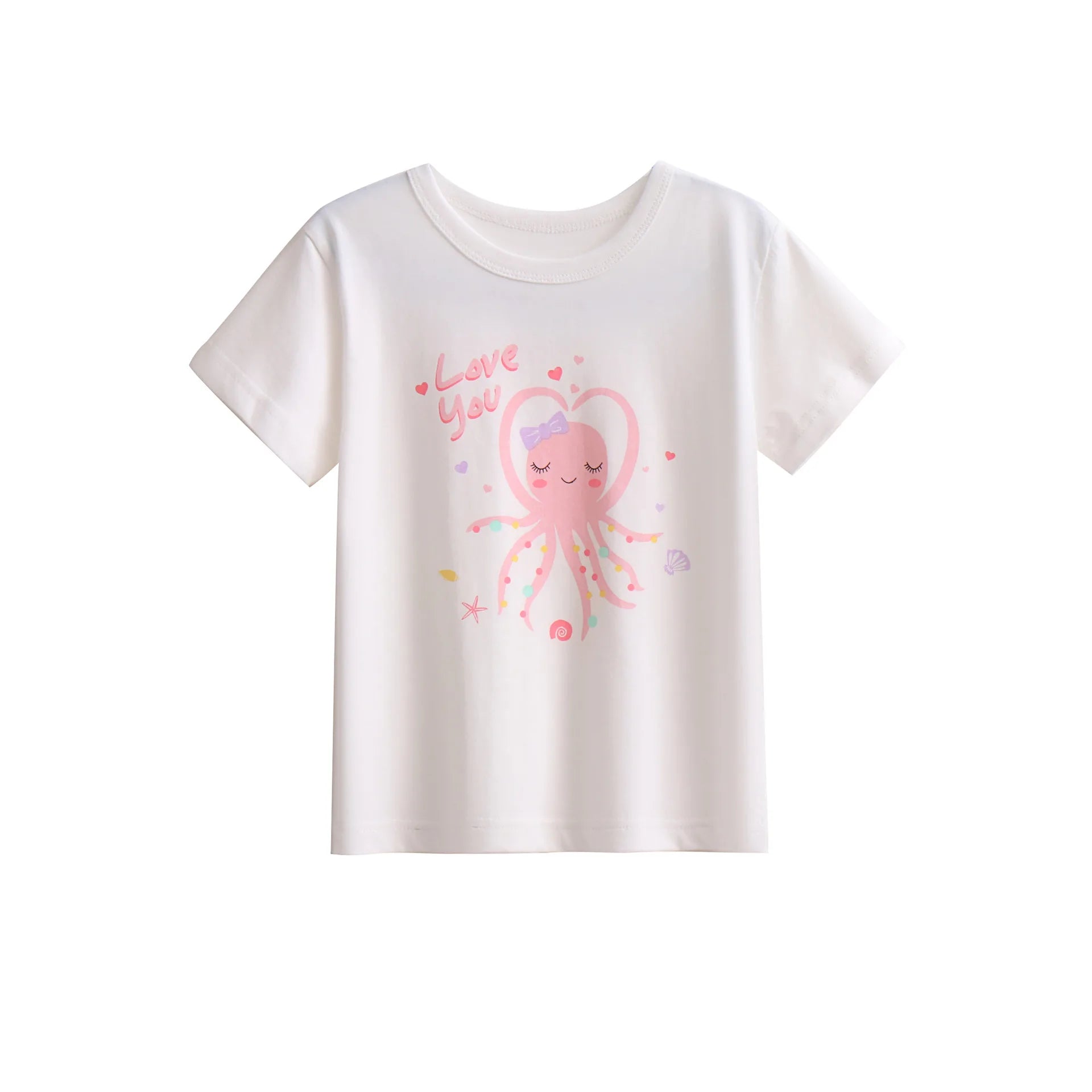 2025 Summer 2 3 4 6 8 10 Years Children Cotton Cartoon Star Bird Cat Rabbit Animal Print Short-Sleeve T-Shirt For Kids Baby Girl