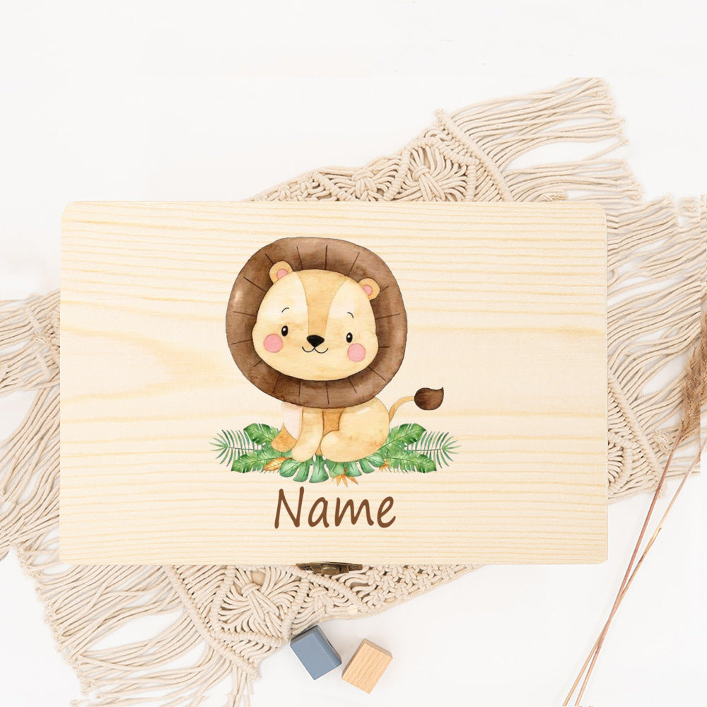 Personalized Baby Wood Box Cute Animal Print Toddler Memory Box Custom Name Infant Keepsake Box Newbron Shower Gift Kids Present