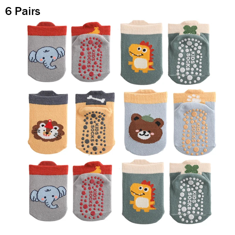 6 Pairs Spring Summer Kids Cotton Socks Children Autumn Cute Cartoon Animal Pattern Comfy Breathable Baby Non-slip Floor Socks