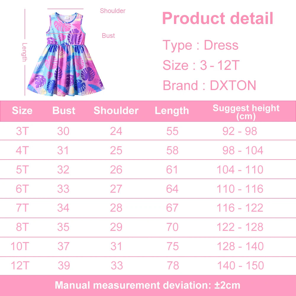 DXTON Kids Floral Dress Summer Ice Cream Print Beach Travel Holiday Dress Kids Sleeveless Casual Dresses Children Clothing 3-12Y