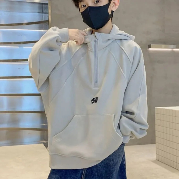 2025 New Boys' Mid-Large Spring-Autumn & Autumn-Winter Fleece-Lined Thickened Hooded Hoodie - Trendy Streetwear Boys' Top