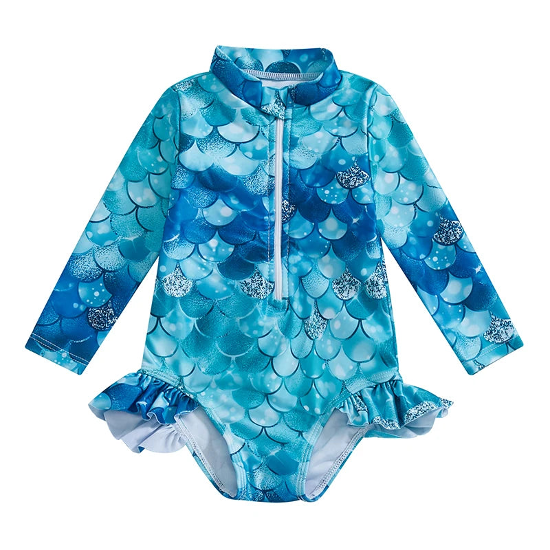 Mermaid Print  Swimsuit with Zipper Closure and Ruffled Mock Neck for Toddler Girls - UV Protection Rash Guard Bathing