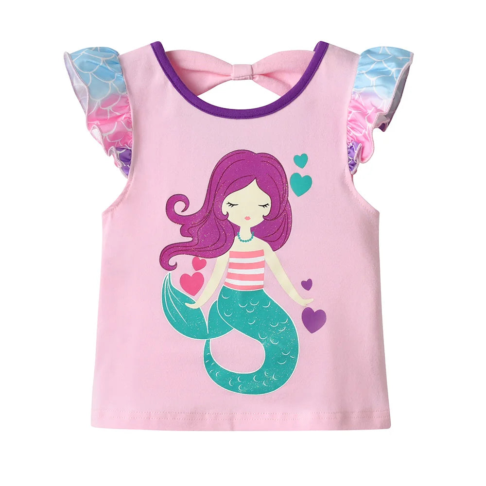 VIKITA Girls Mermaid Print Cute Fashion T Shirt Kids Flare Sleeve Cotton Casual Tops and Tees Girls Pink Daily School Costumes