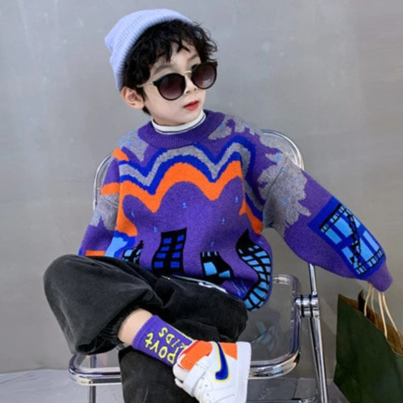 2025 Autumn/Winter New Boys' Fleece-Lined Thickened Crewneck Sweater, Korean Style Toddler Big Kids Knitwear