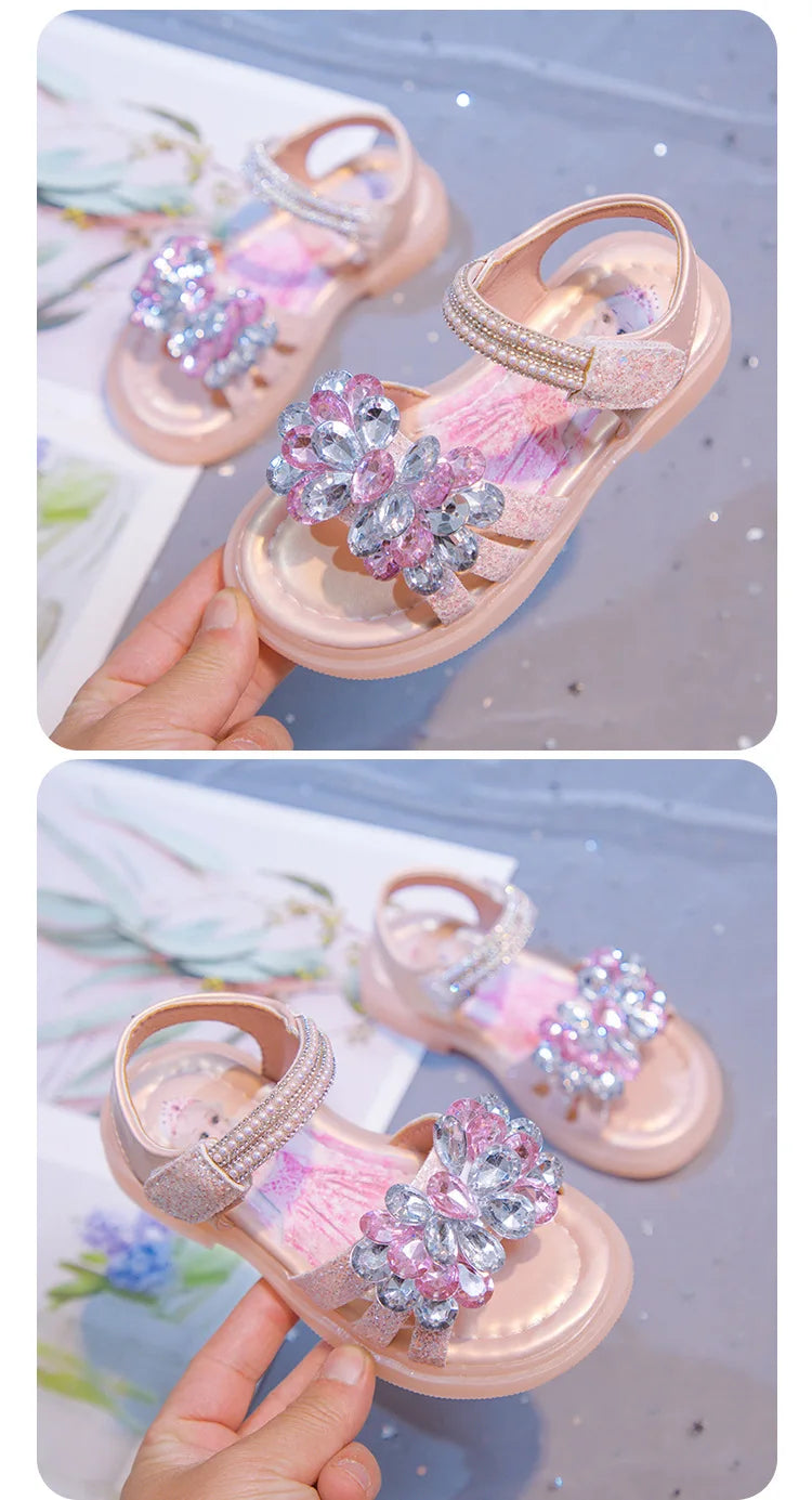 Kids' Sandals Elsa Princess Frozen PU Leather Crystal Summer Flat Shoes For Girls Breathable Anti-slip Blue Pink Size 23-33