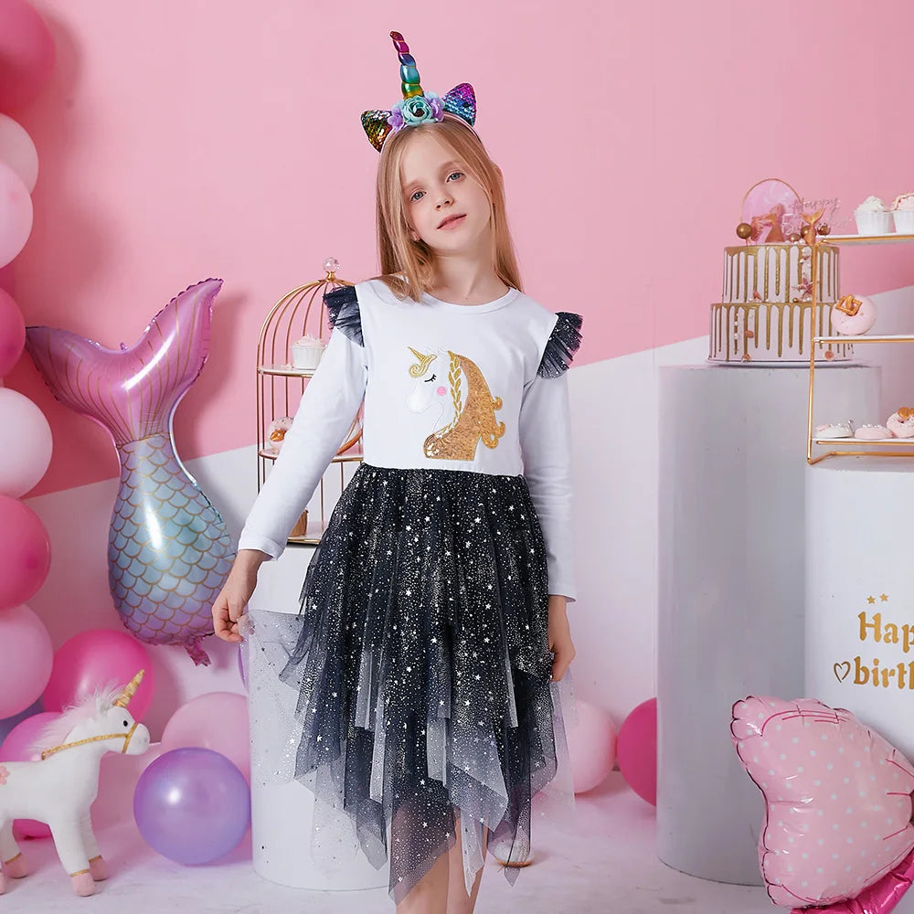VIKITA Kids Licorne Sequins Appliqued Dress Girls Flare Sleeve Autumn Spring Patchwork Shiny Irregular Tutu Princess Dresses