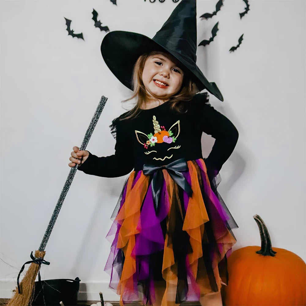 VIKITA Dress for Kids Girl Pumpkin Witches Bats Layered Mesh Tulle Princess Dress Children Cosplay Festival Halloween Costumes