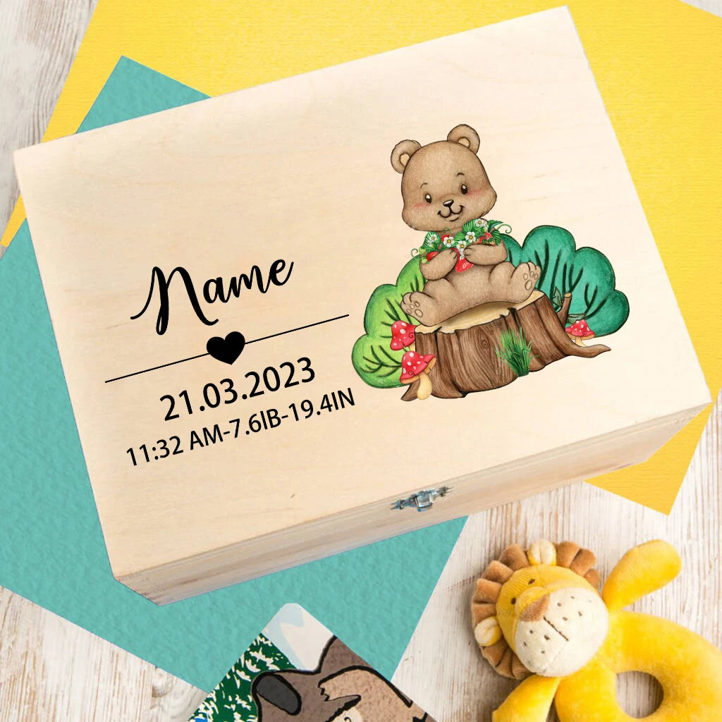 Custom Wooden Baby Box Newborn Baby Gift Personalised Infant Memory Box Cute Animal Print Wood Box Birth Stats Gift New Mom Gift