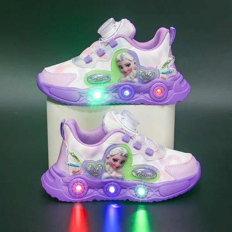 Disney LED Casual Sneakers Pink Purple For Summer Girls Frozen Elsa Princess Print Outdoor Shoes Children Lighted Non-slip Shoes