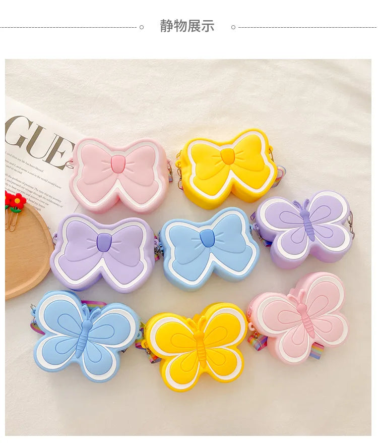 Lovely Bow Children's Silicone Shoulder Bags Cute Butterfly Shape Baby Girls Crossbody Bag Candy Color Kids Small Coin Purse