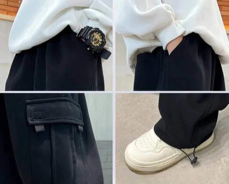 2025 New Boys Autumn Winter Fleece-Lined Sports Cargo Pants, Big Boy Streetwear Trends, Warmth & Comfort