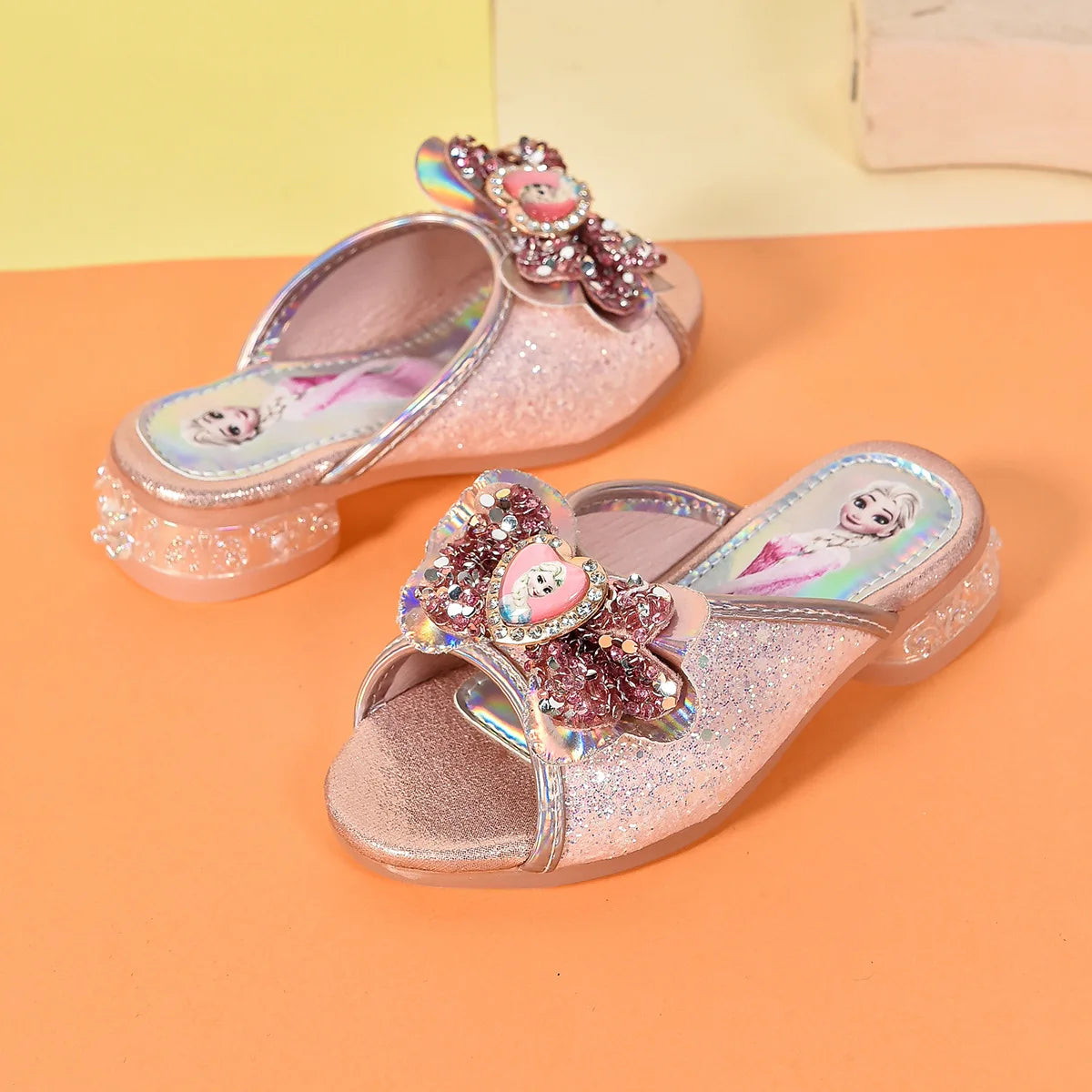 Disney Kids Princess Shoes Frozen Elsa Bowknot Low Heel Slippers Casual Baby Girls Party Wedding Leather Blue Shoes Size 27-36