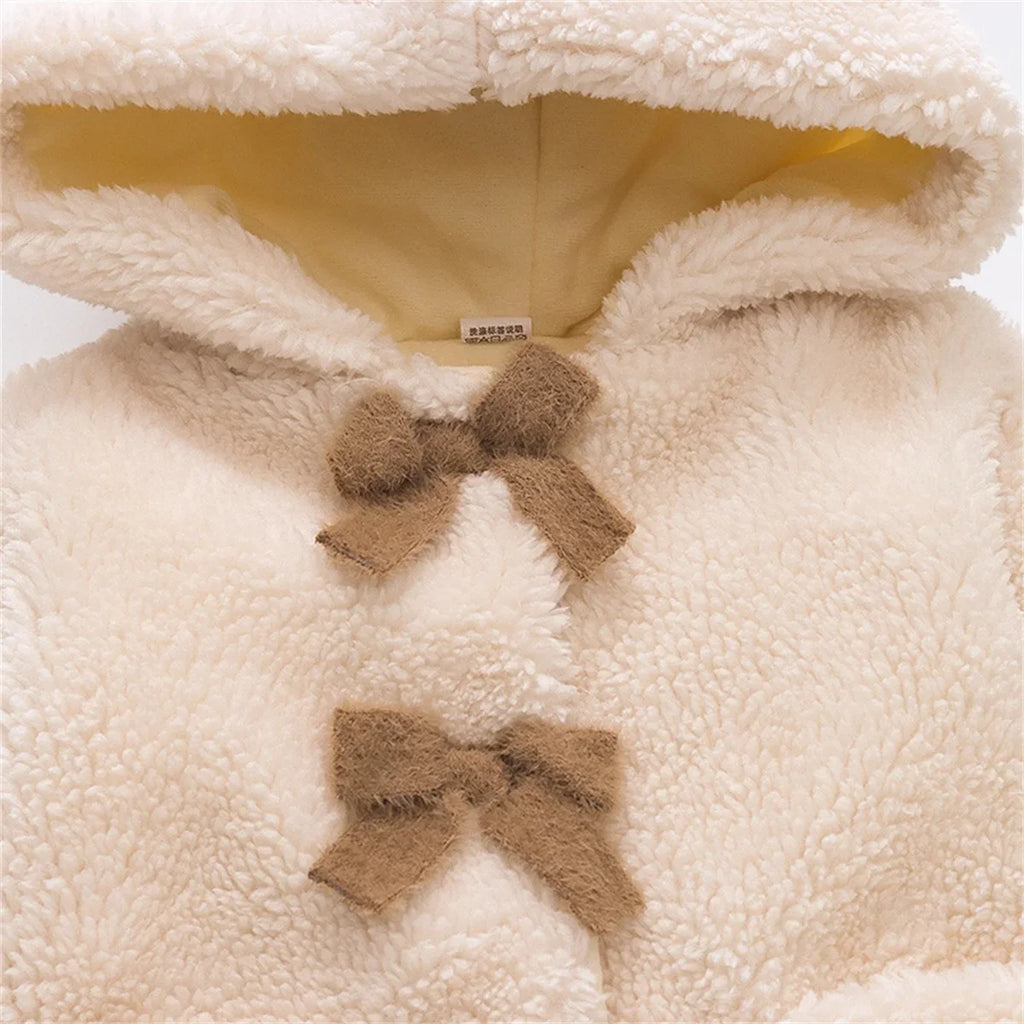 (0-3 Years Old Girls) Winter New Girls' Top Warm Furry Hat Bow Ribbon Warm Cute Hooded Bear Ears Long Sleeve Pocket