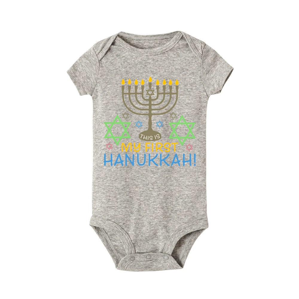 My First Hanukkah Print Baby Bodysuit Boys Girls Jewish Chanukah Short Sleeve Romper Infant Newborn Holiday Outfits Kids Clothes