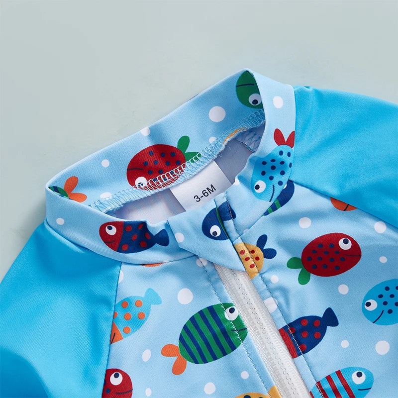 Toddler Boy UV Protection Swimsuit Set with Fish Print Long Sleeve Rash Guard Half Zipper and Sunhat for Sun Safety