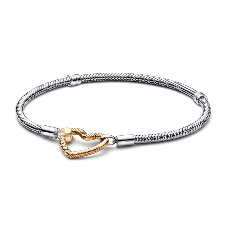 New 925Silver original 17-21CM Pearl Heart-Shaped Hard Ring Square Buckle Round Bracelet Fit for DIY Mini Birthday Jewelry Gifts