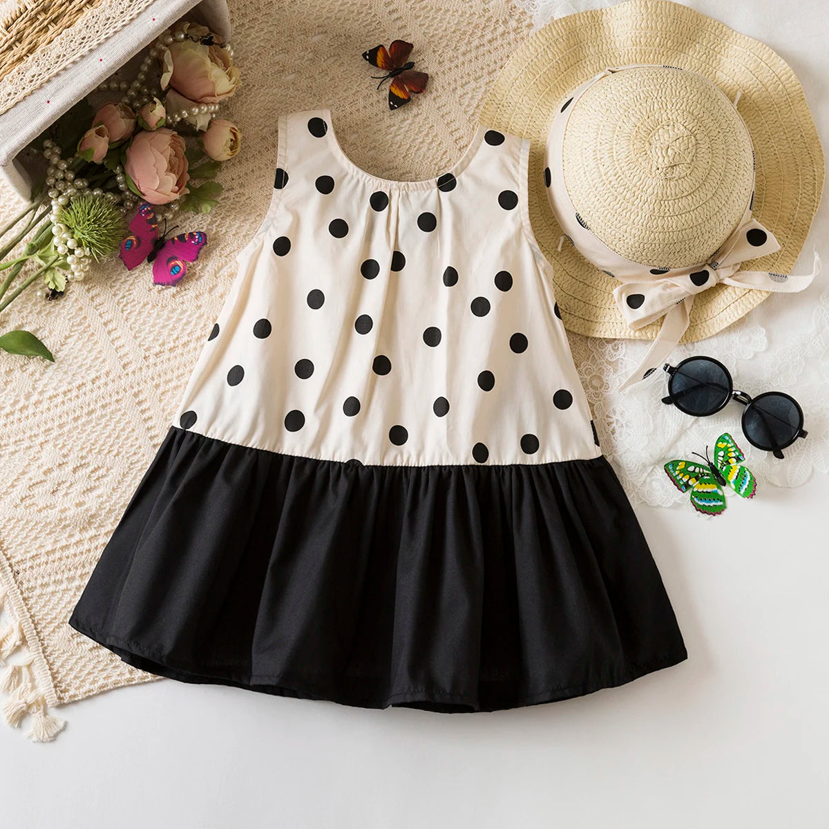 Sweet Black Bow Baby Girl Dress, Summer New Polka Dot Sleeveless Children'S Clothing With Free Hat (9 Months-4 Years Old)