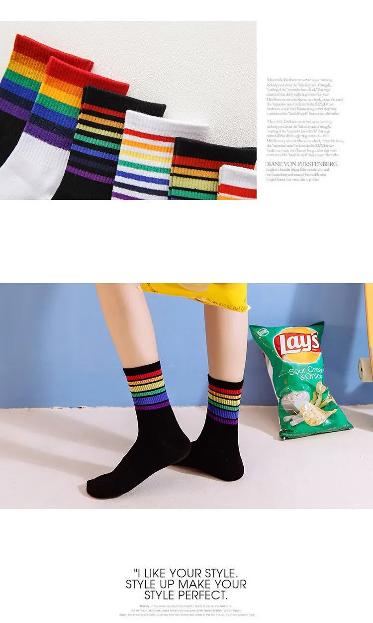 Socks Womens Medium Tube Autumn Ins Trendy Thin Ttriped Rainbow Socks Japanese Cute Candy Color High Top Stocking