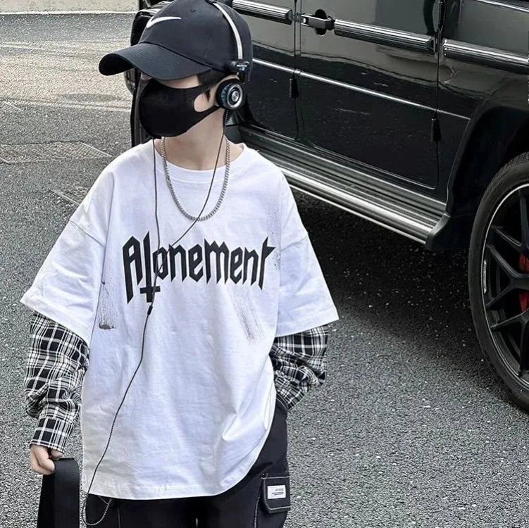 Fake Two Pieces Children's Clothing From 8 To 12 Years Boys Long Sleeve Tee Boys' T-shirt Graphic Shirts T-shirts Tees Boy Child