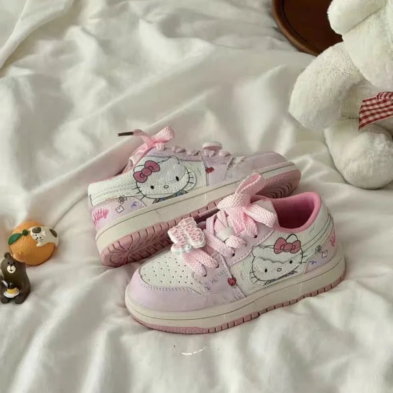 Kids'Casual Shoes Sneakers PU Leather Printed Hello Kitty Spring Shoes For Girls Thick Bottom Anti-slip Pink Shoes Size 26-37