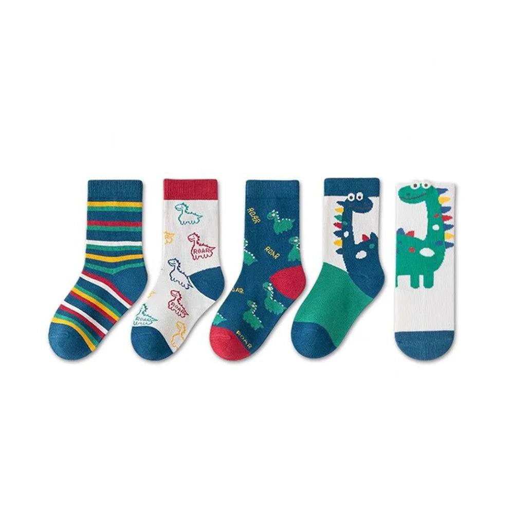 ‌Boys Girls Cartoon Dinosaur Mid-Crew Socks Soft Breathable Sport Striped Cotton Socks for Children Athletic Casual Outfit