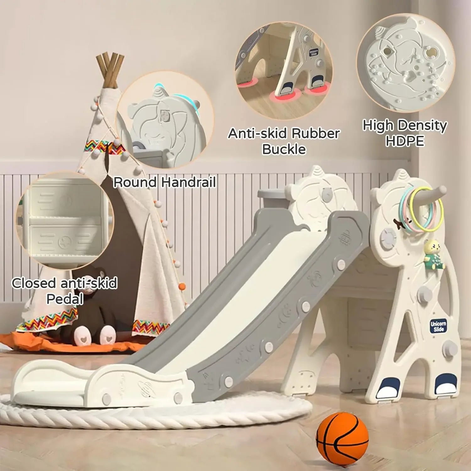 Unicorn Kids Folding Slide Outdoor Playground Climber Playset with Music Closed Pedal Basketball Hoop & Ring Game for Boys Girls