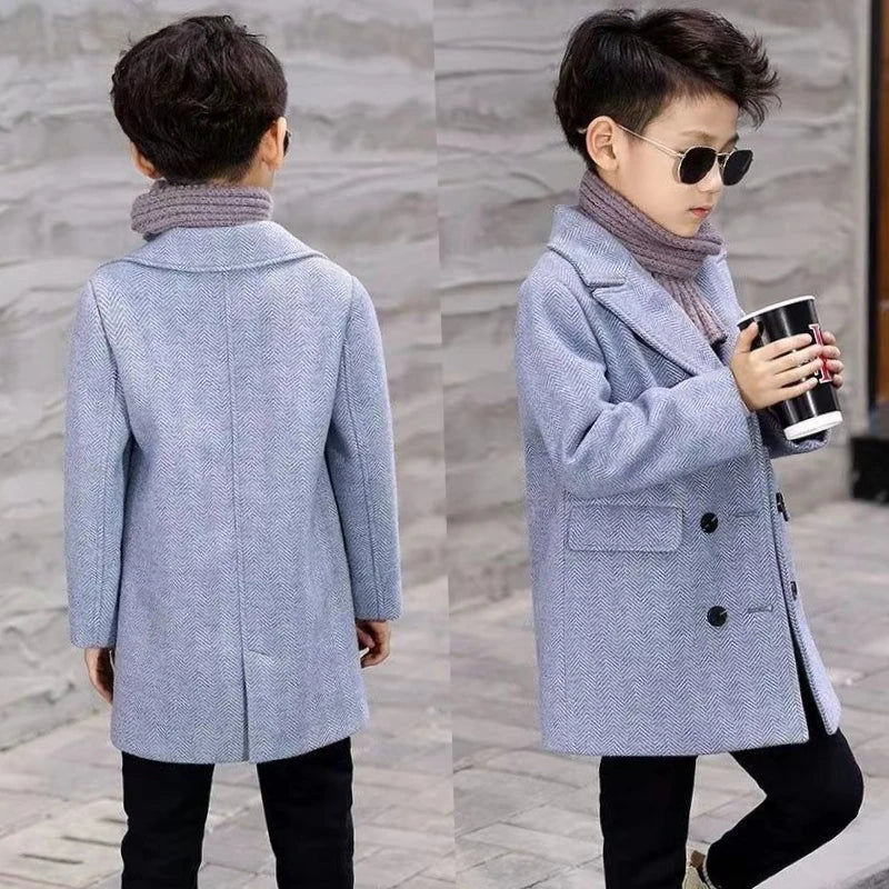 Boys Autumn Winter Quilted Thickened Wool Coat Korean Style New Big Kids Mid Length Stylish Coat