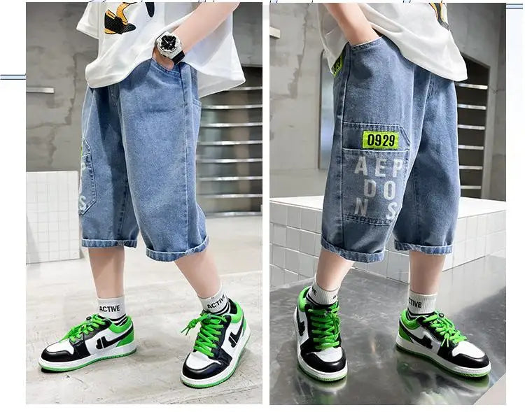 2024 New Teenage Boys Denim Shorts 4-10 Years Summer Fashion Letter Printed Soft Trousers For Kids Children Casual Pants