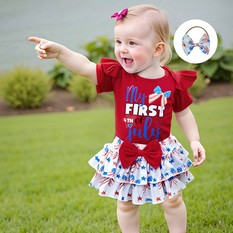 American Flag Print Sleeveless Romper Striped Ruffled Shorts Bow Headband Set for Baby Girl s Independence Day Outfit