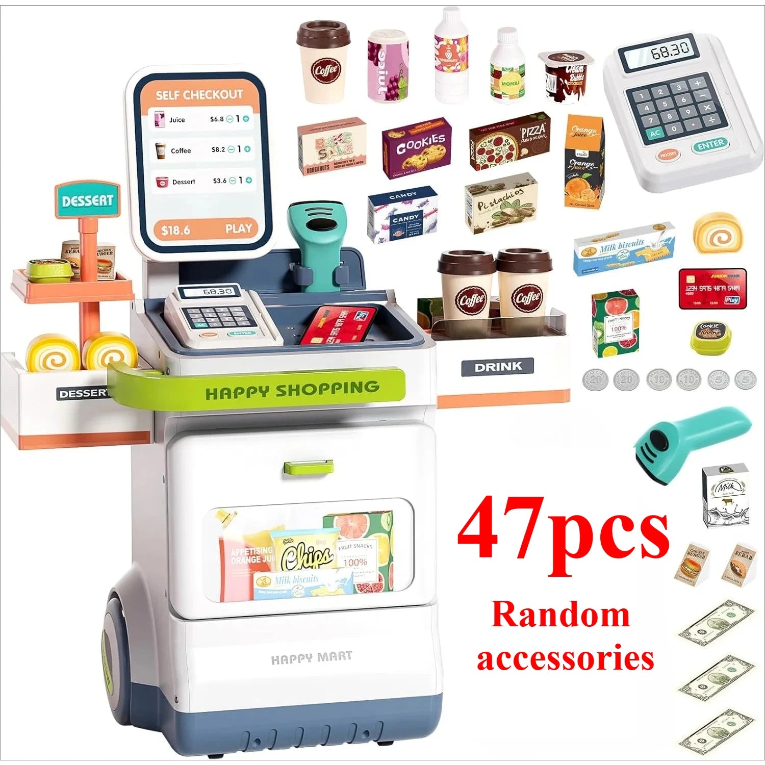 Cash Register Playset for Kids Pretend Play Shopping Money Calculator Scanner Credit Card Play Food for Boys Girls Birthday Gift