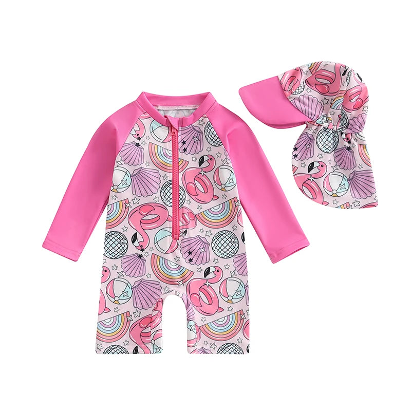 Baby Boys Rash Guard Swimsuit with Hat 2 Pcs Set Zip Up Long Sleeve Crew Neck Toddler Boys Swimwears and Sun Protection