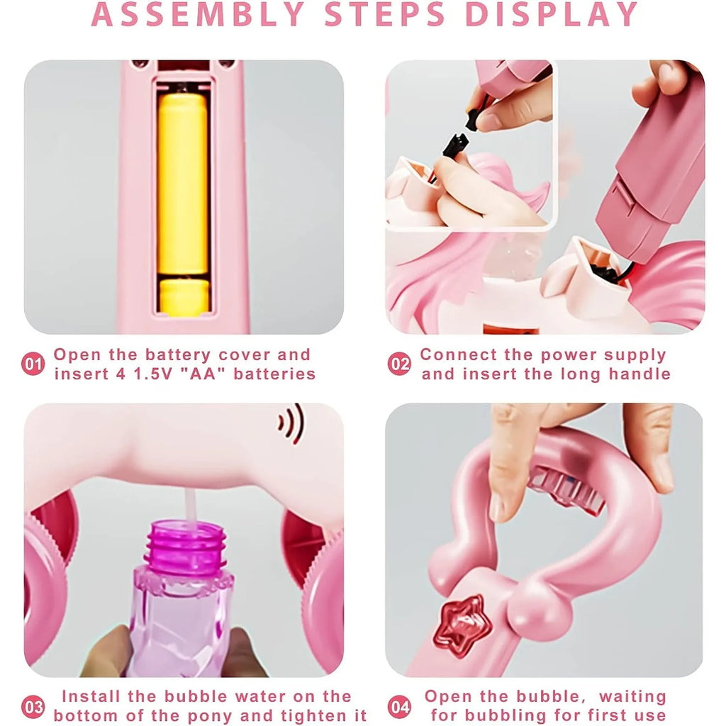 Pony Bubble Machine for Kids Automatic Bubble Lawn Mower with Light & Music Bubble Cart Outdoor Push Toys for Birthday Gift