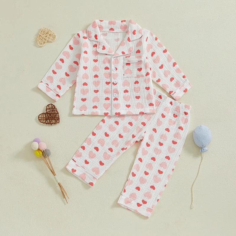 Girls Pajama Set Cute Heart Patterned Long Sleeve Top with Cozy Elastic Waist Pants for a Good Night s Sleep