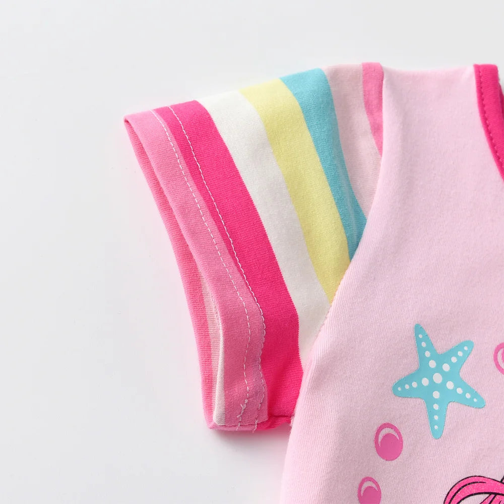VIKITA Girls Mermaid Print Cartoon T Shirt Kids O Neck Summer Short Sleeve T Shirts Girls Pink Cotton Casual Tops and Tees Wear