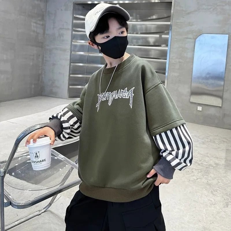Boys' Medium-Large 2025 New Arrival No Hood Long Sleeve Fake Two-Piece Loose Fit Stylish Sweatshirt for Spring