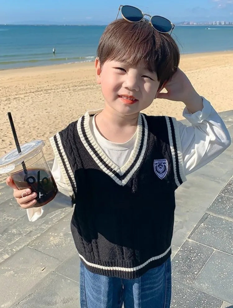 Boys' Knit Vest 2025 Spring Autumn New Preppy Style Kids' Outerwear Trendy Baby Boy Vest for School Casual Wear