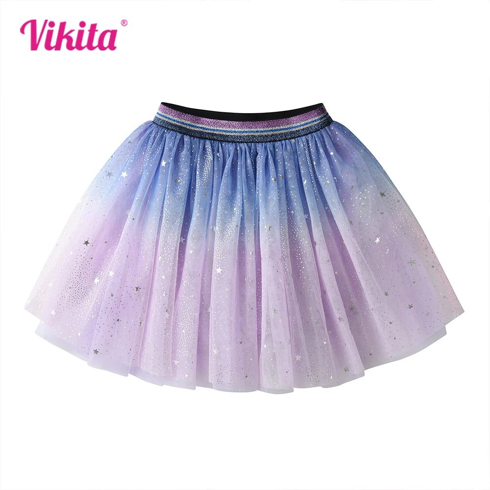 VIKITA Girls Gradient Skirts Kids Star Sequins Elegant Fashion Skirt Kids Mesh Tulle Princess Mini Skirt Children Clothes 3-8Yrs