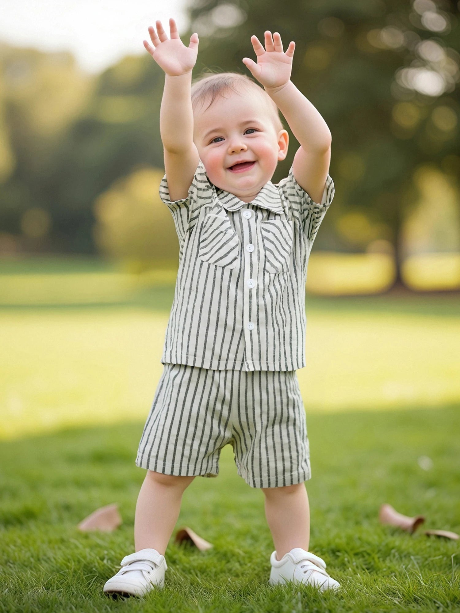 Infant Boy s 2-Piece Outfit Set with Striped Collared Shirt and Elastic Waist Shorts for Summer Wear Toddler Baby Boy Clothes