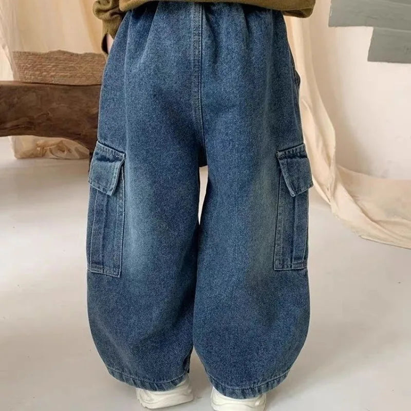 New 2025 Kids Korean Style Vintage Loose Cargo Pocket Straight Leg Jeans Pants - Boys' Denim Straight Jeans Casual Wear