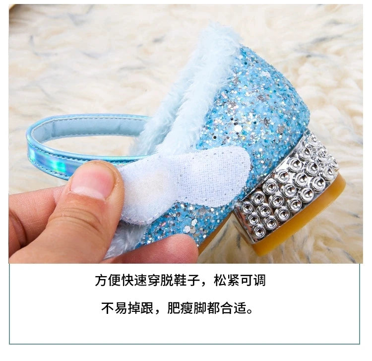 Disney Elsa Girls' High Heel Bowknot Blue Pink Fashion Children's Girl Crystal Princess Warm Winter Shoes Gift Size 23-36