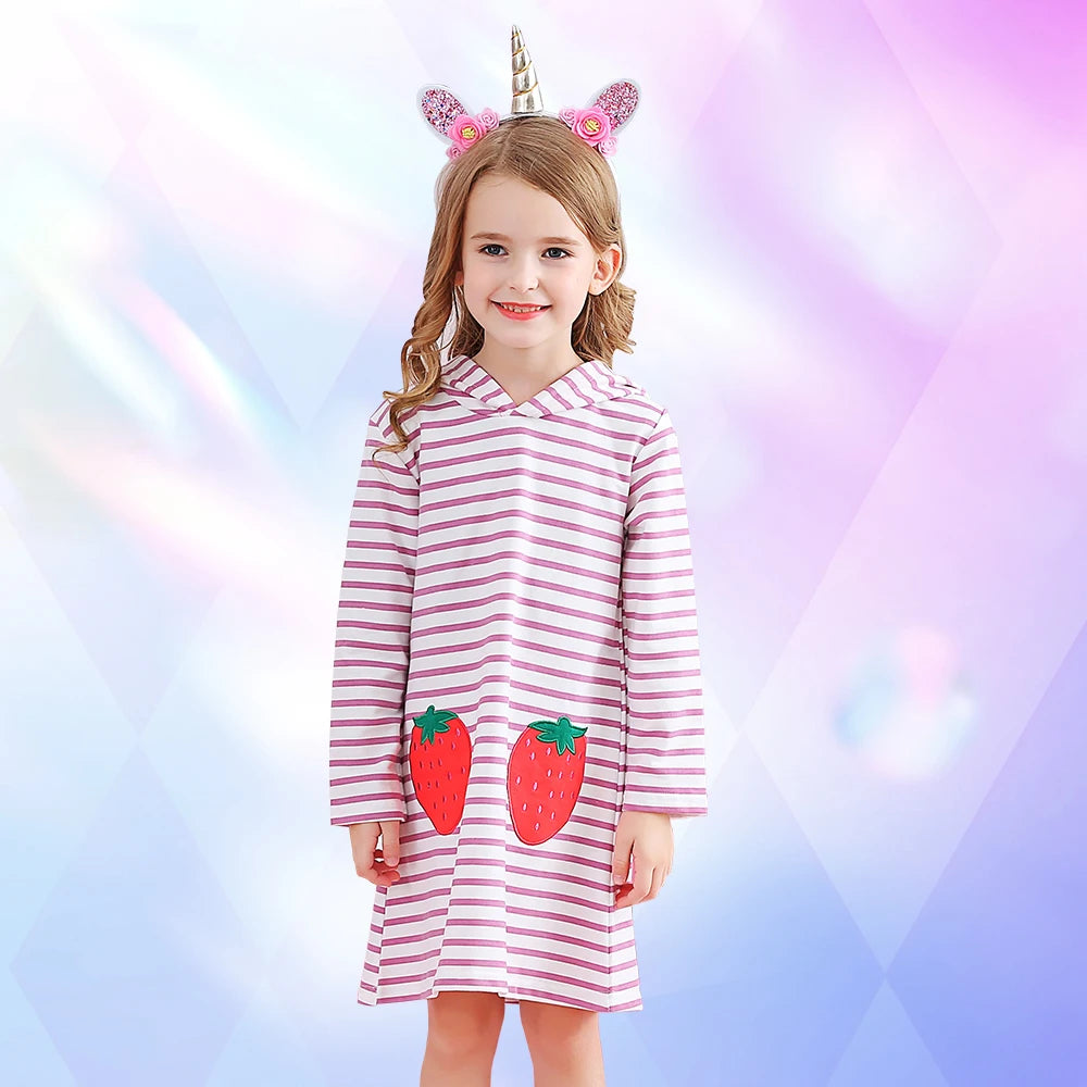 DXTON Girls Hooded Dress Winter Toddlers Hoodies Dress Strawberry Applique Kids Costumes Striped Children Casual Dress Clothing