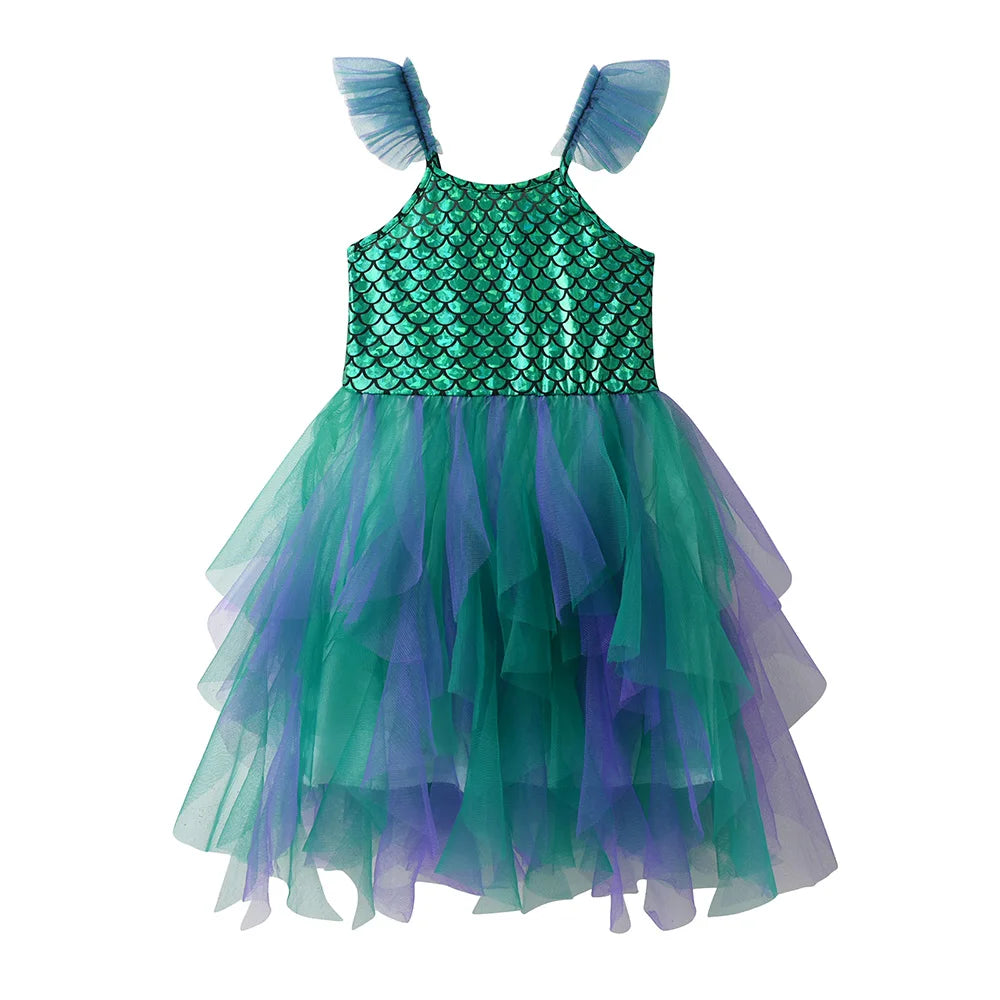 VIKITA Girls Sling Dress Girls Mermaid Print Sleeveless Summer Dresses Kids Mesh Tulle Party Travel Beach Vacation Tutu Vestidos